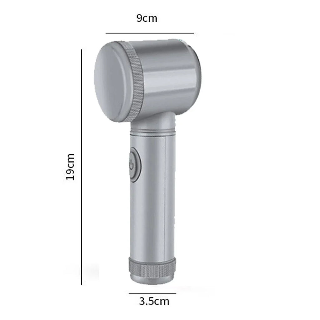 Electric cleaning scrubber with ergonomic handle, silver color, dimensions labeled: 19cm tall, 9cm wide, 3.5cm thick.