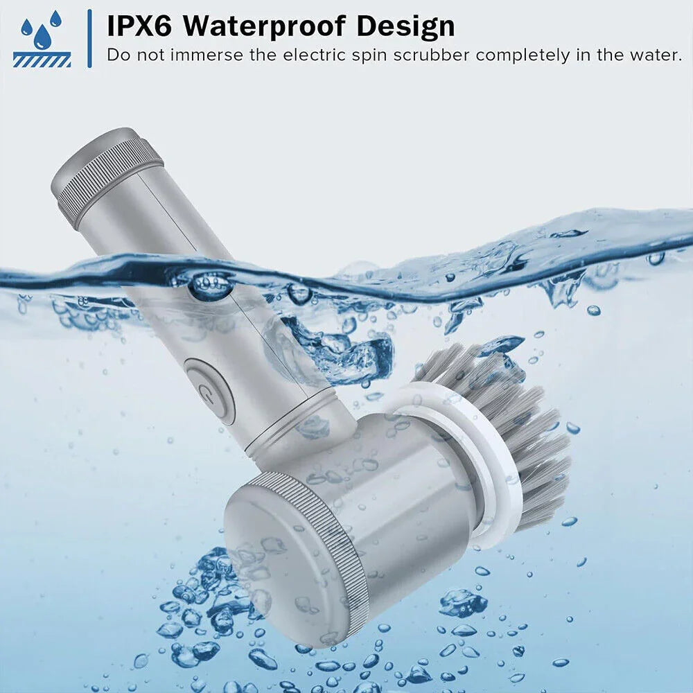 Electric spin scrubber with waterproof IPX6 rating partially submerged in water
