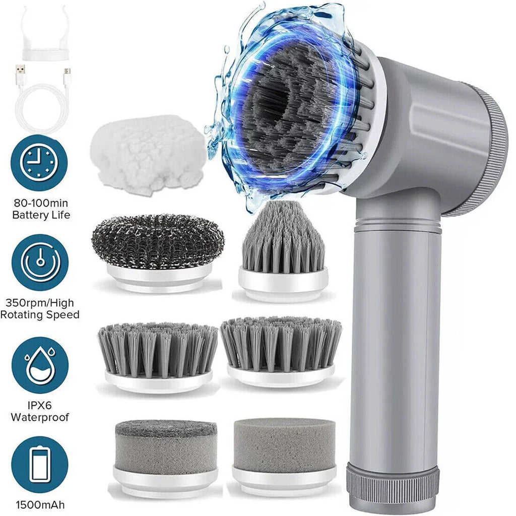 Electric scrubber cleaning tool with multiple brush heads, waterproof, USB charging and features listed