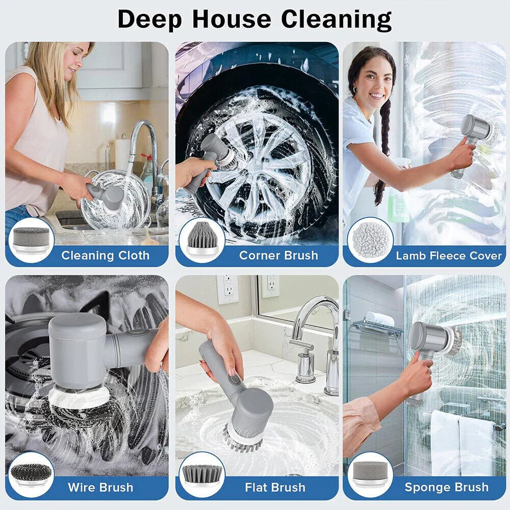Electric scrubber with multiple brush attachments cleaning dishes, wheels, sinks, and glass surfaces.