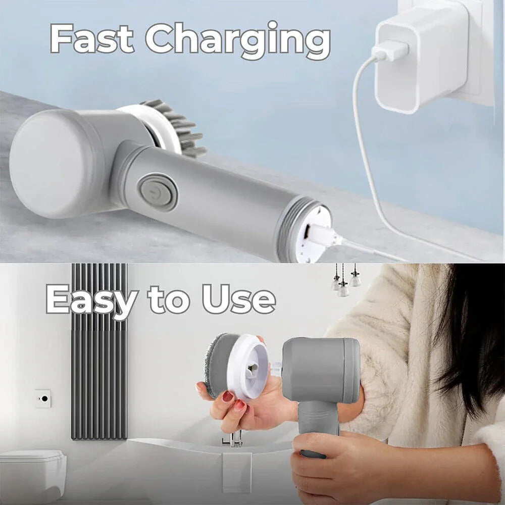 Electric scrubber being charged and assembled in a bathroom, showing fast charging and easy use.