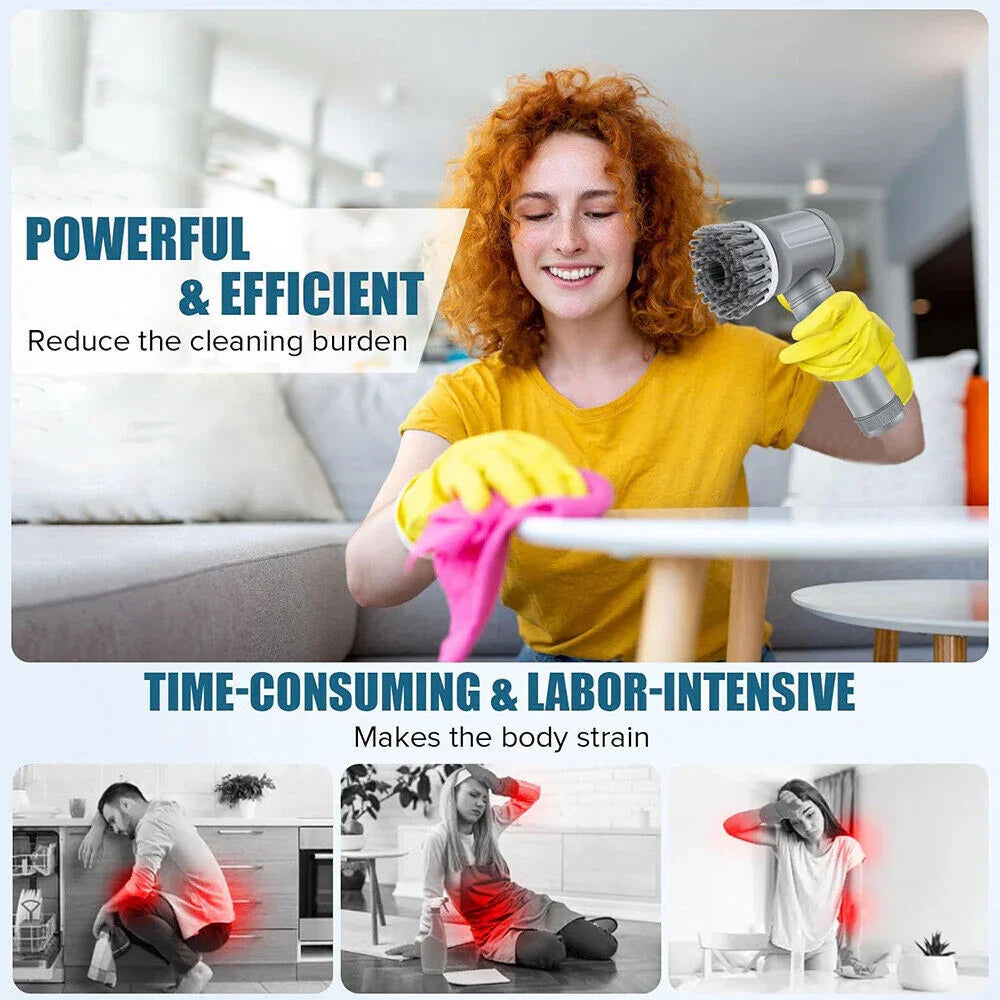 Woman using electric scrubber for effortless home cleaning, wearing yellow gloves, smiling