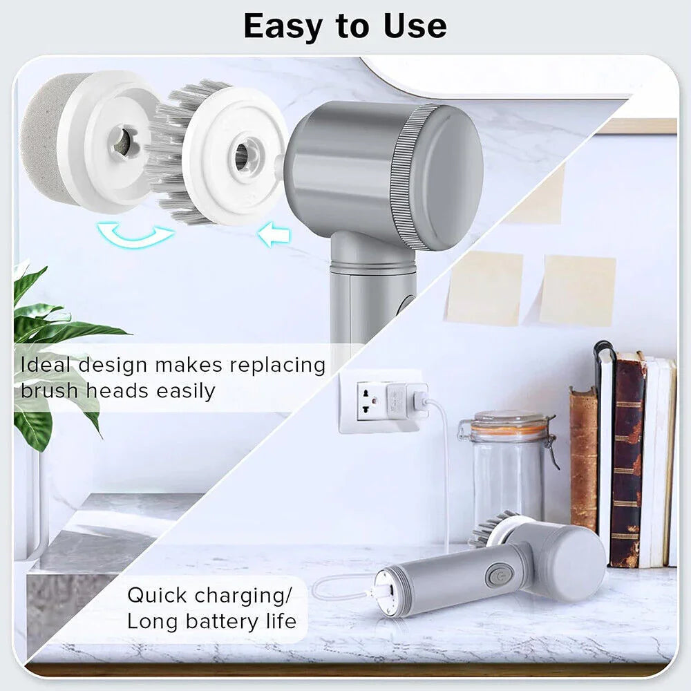 Electric scrubber with replaceable brush head, USB charging on kitchen countertop