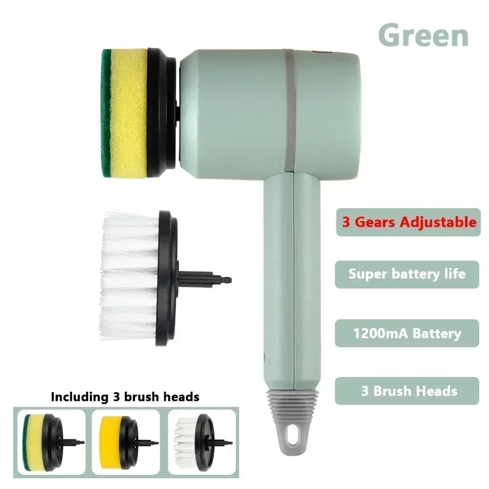Green electric scrubber with three interchangeable brush heads, adjustable gears, and 1200mAh battery.