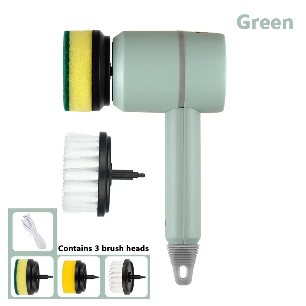 Green electric scrubber with 3 brush heads and USB charging cable for home cleaning