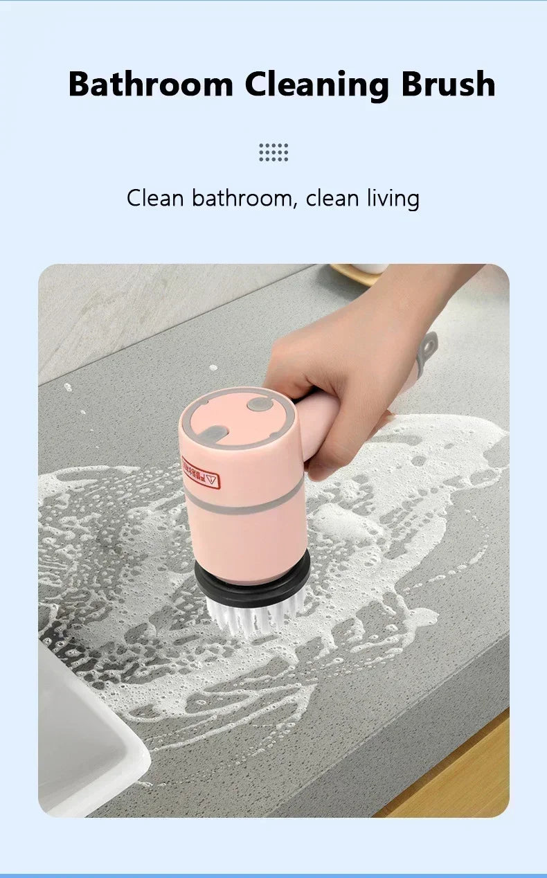 Hand using electric bathroom cleaning brush with bristles on soapy countertop surface