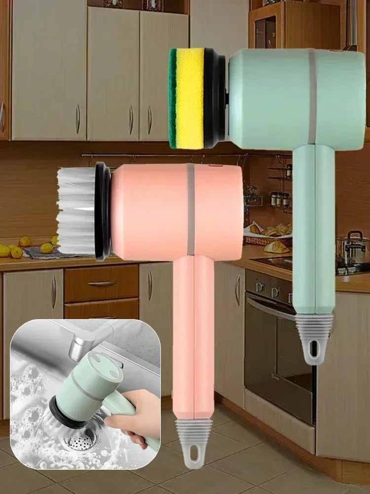 Electric scrubber cleaning brushes in pastel colors with interchangeable brush and sponge heads, shown in a kitchen setting.