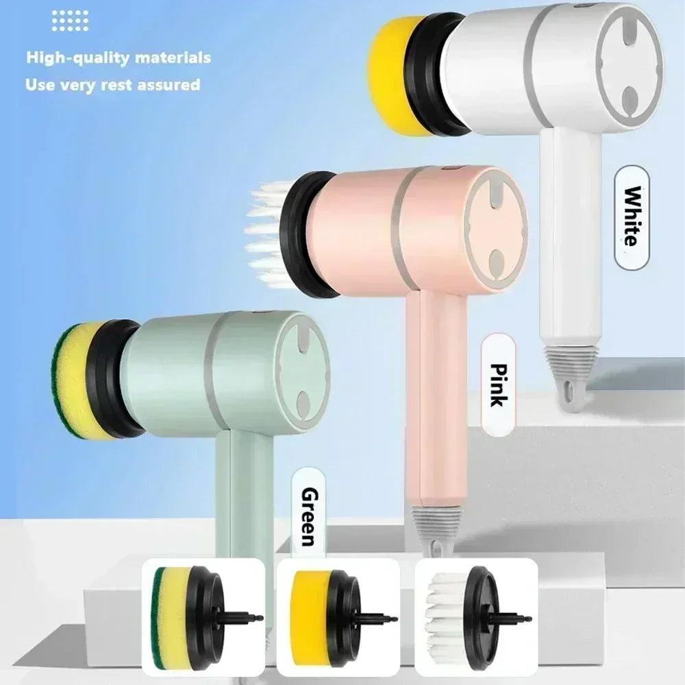 Electric cleaning scrubbers in white, pink, and green with interchangeable brush and sponge heads.