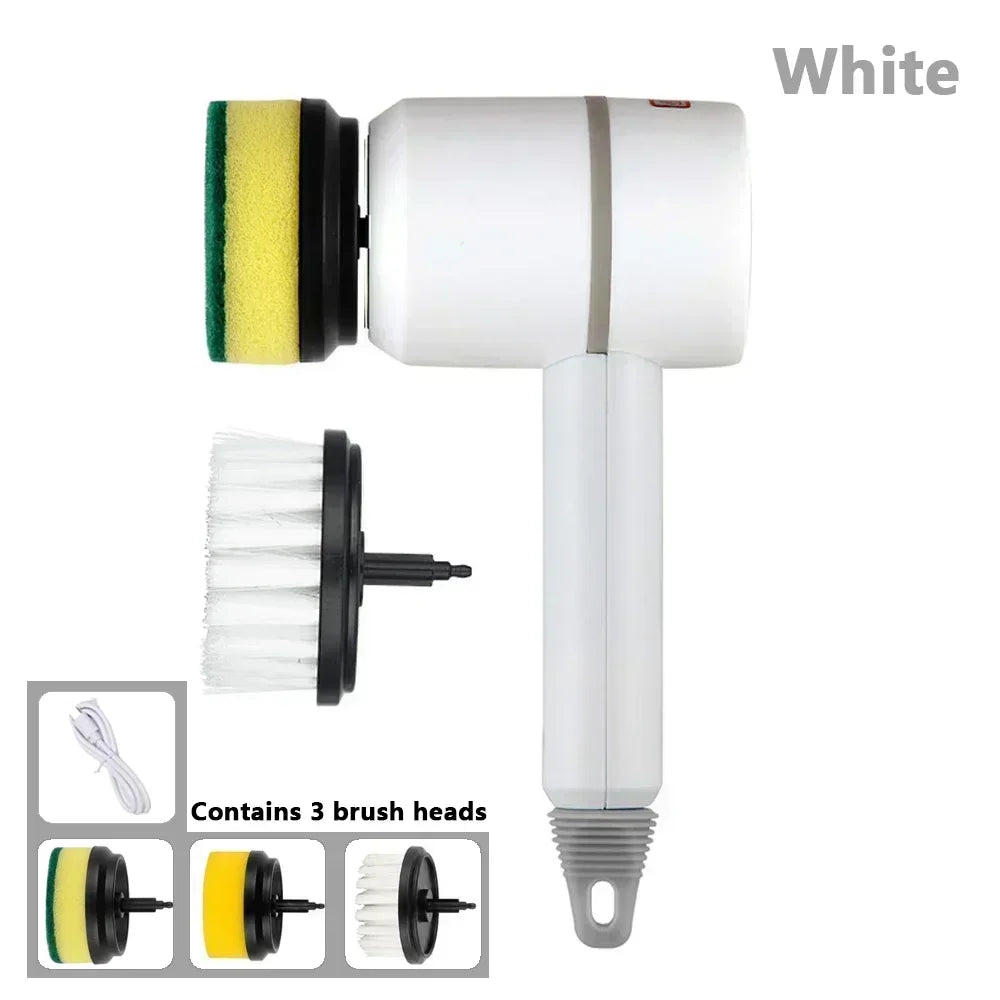 White electric scrubber with three interchangeable brush heads and USB charging cable.