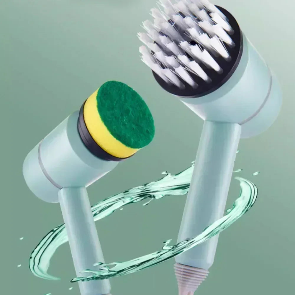 Electric cleaning scrubber with interchangeable brush and sponge heads, splashing water