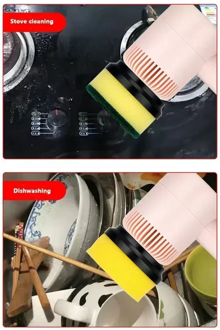 Electric scrubber cleaning stove surface and dishware with replaceable sponge attachments