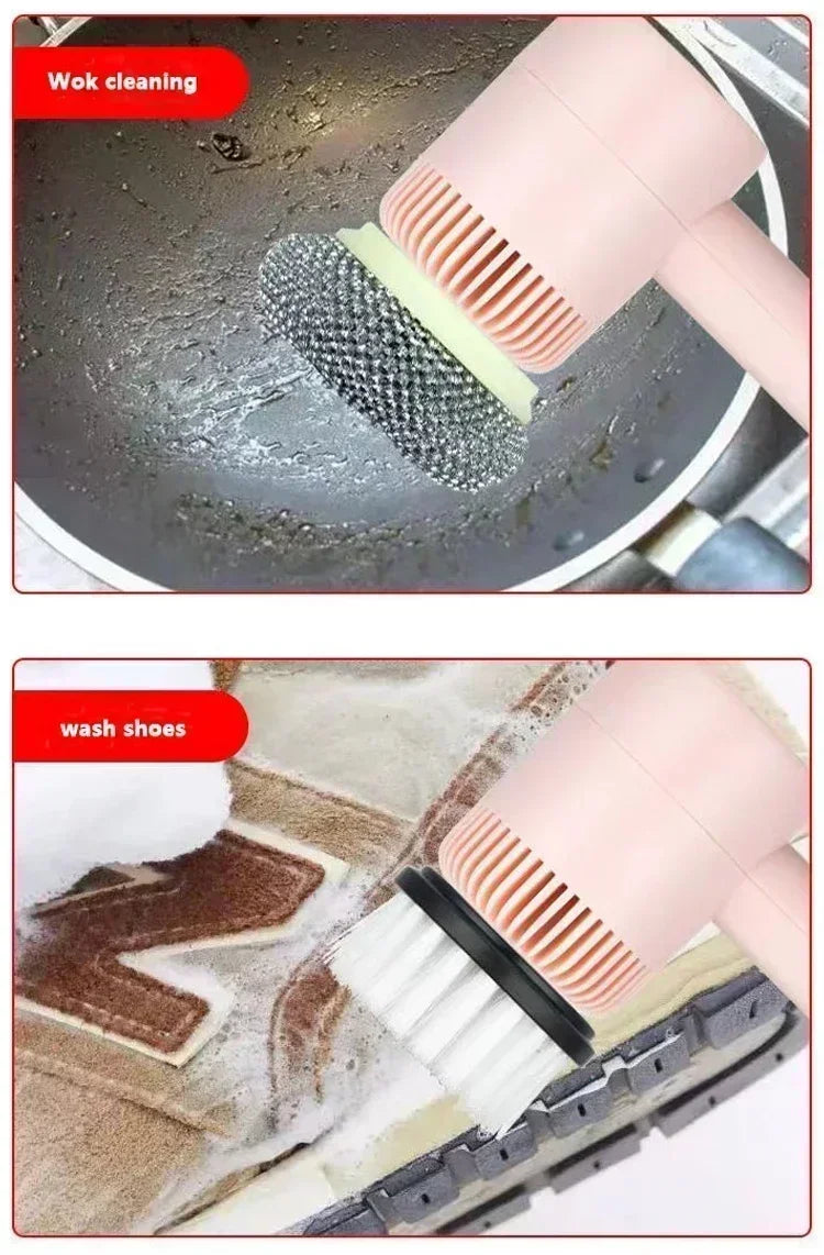 Electric scrubber cleaning a greasy wok and scrubbing dirty shoes with different brush heads