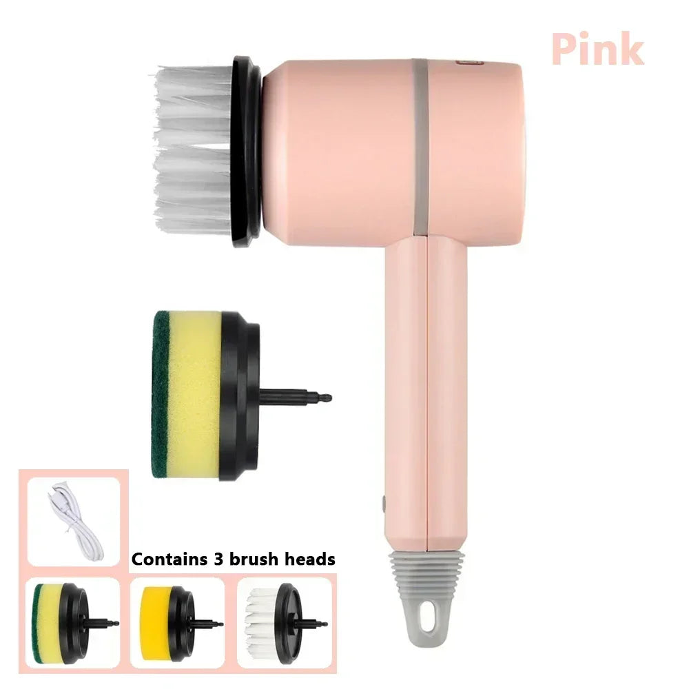 Pink electric cleaning scrubber with three interchangeable brush heads and USB cable.
